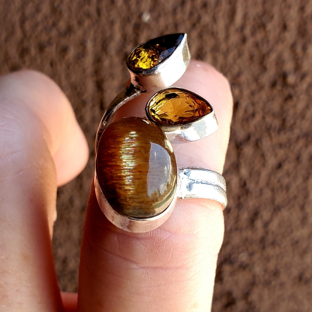 New Silver Sheen Obsidian & Citrine Open Cuff 925 Silver Ring. - Picture 4 of 16